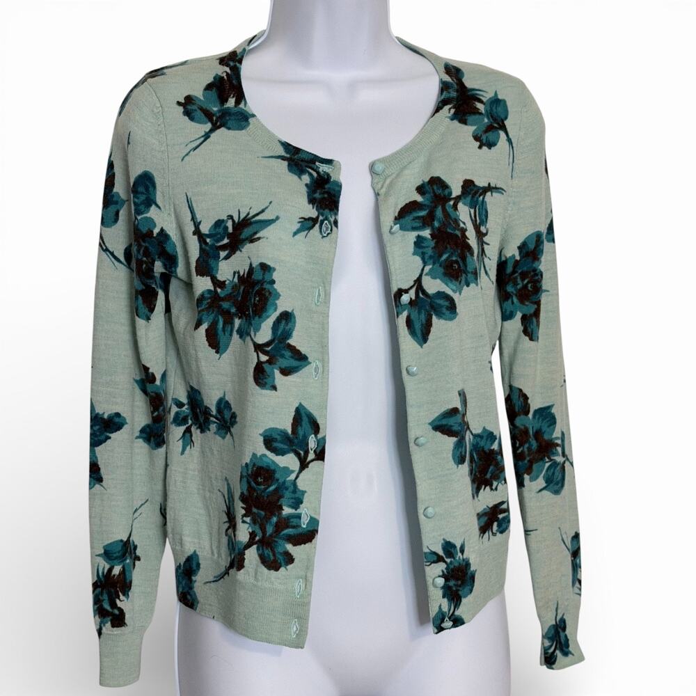 Talbots Merino Wool Cardigan Sweater Petite Sage Green Floral Soft Italian